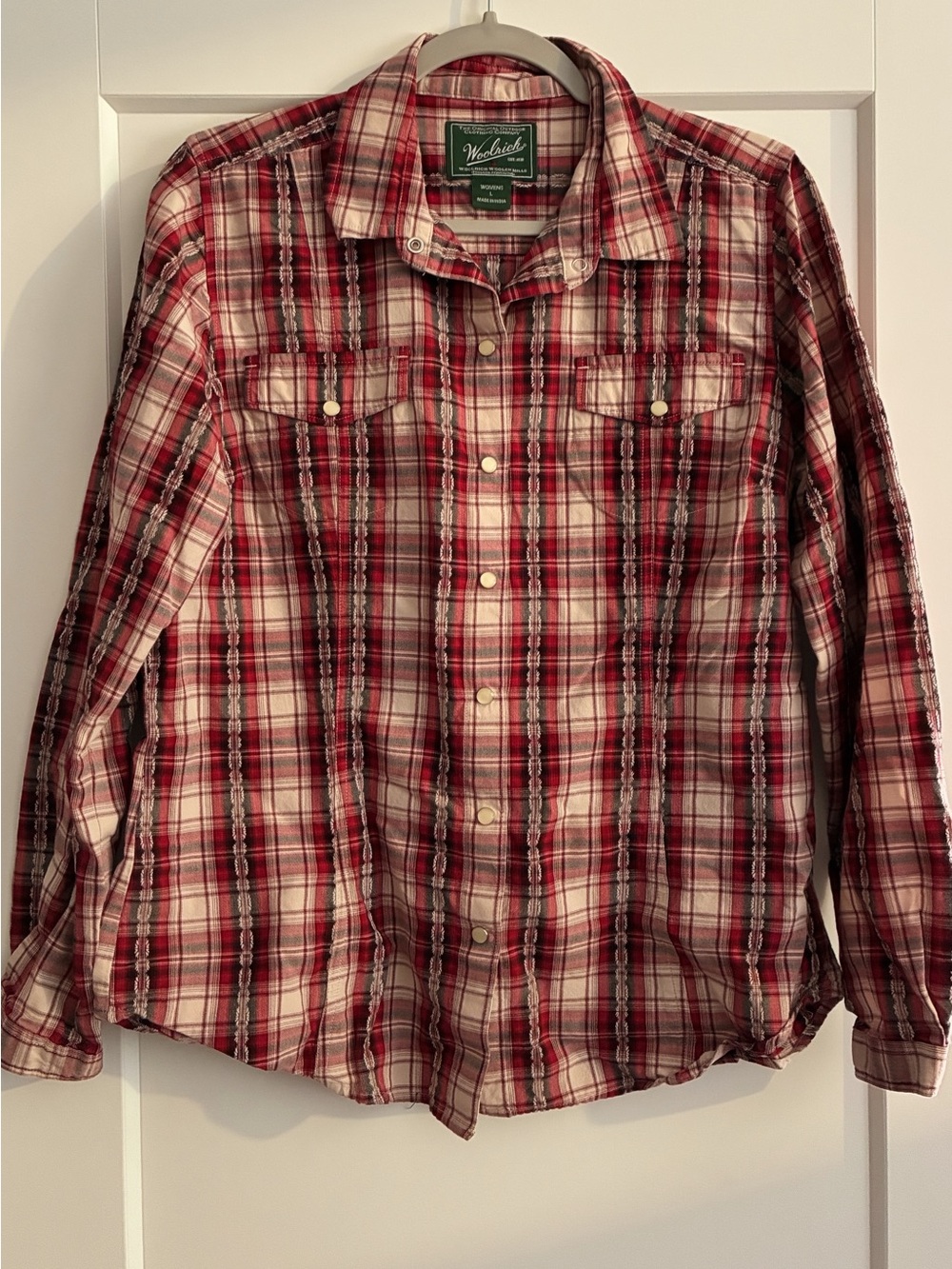 Woolrich Red and White Plaid Pearl Snap Button-Down Shirt Size Large